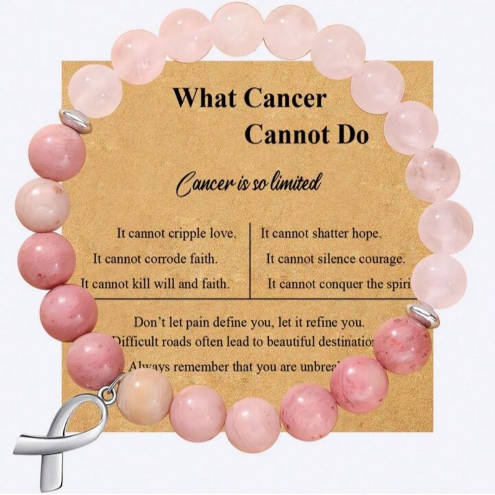 Breast Cancer Fighter Survivor Bracelet With Silver Tone Ribbon And Stone Beads